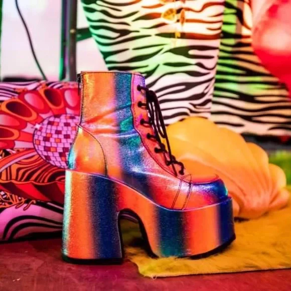 Demonia Iridescent Rainbow Rave Royalty Platform Boots